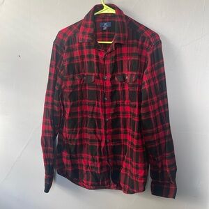 George Men’s M Red Black Plaid Button Down Flannel Style Shirt gorp rugged emo